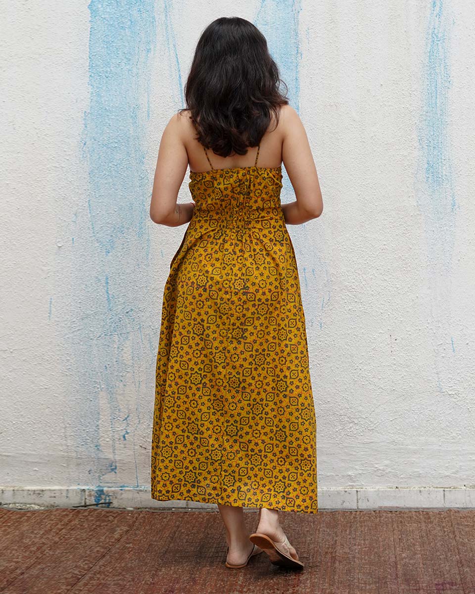 Worm Moon Yellow Handblock Print Cotton Dress - MNCH