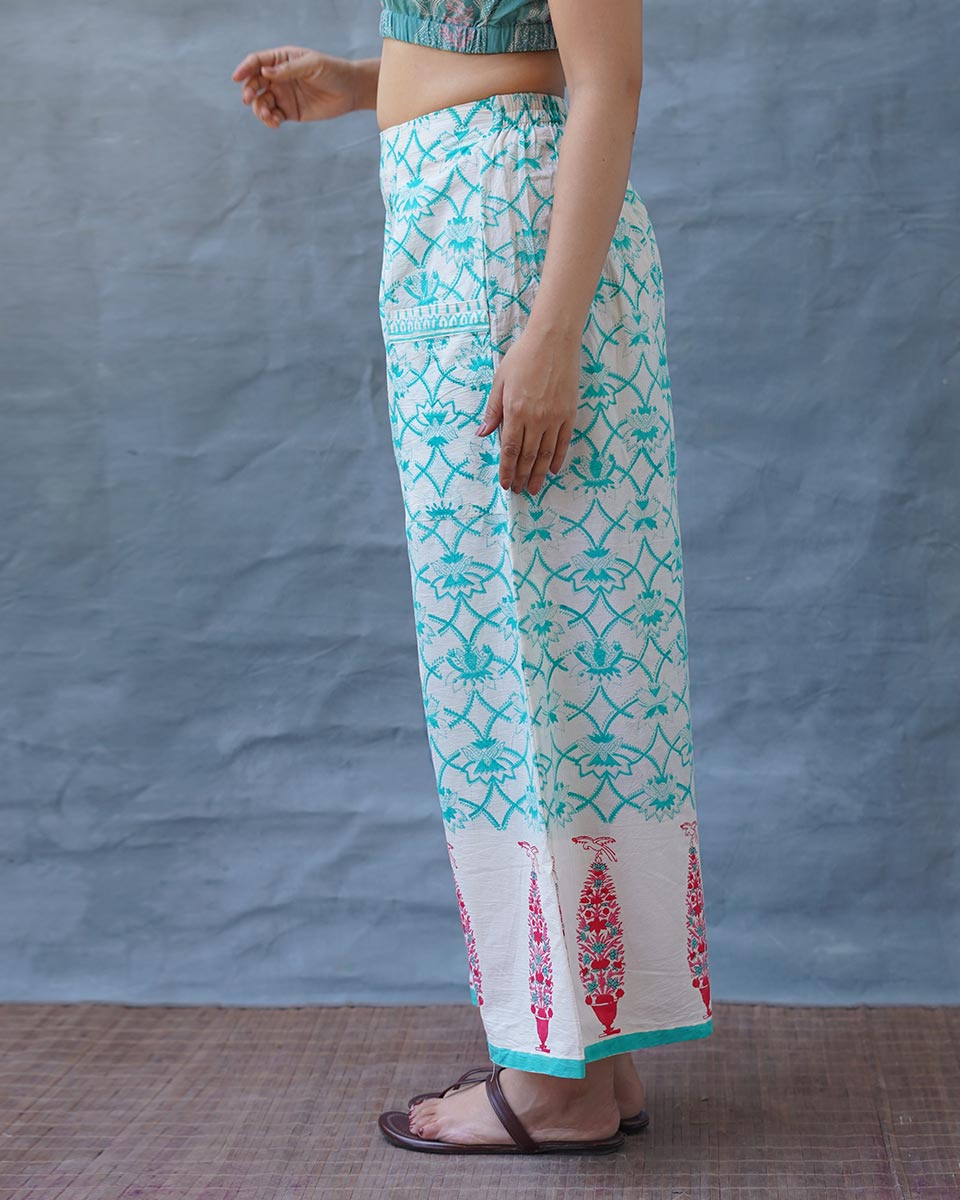 Cosmosâ€™ Call Teal Green Block Printed Pants - MMG