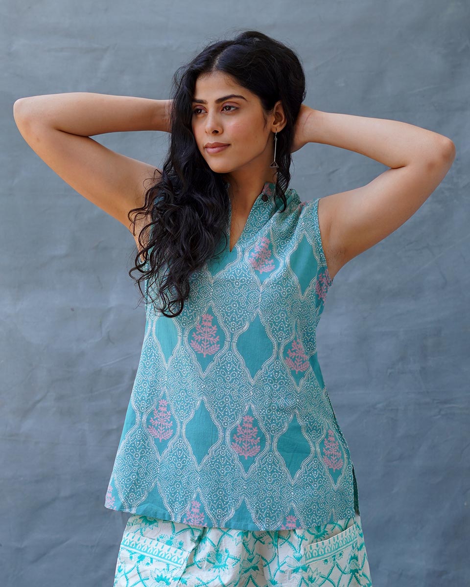 Frangipaniâ€™s Freshness Teal Green Block Printed Top - MMG