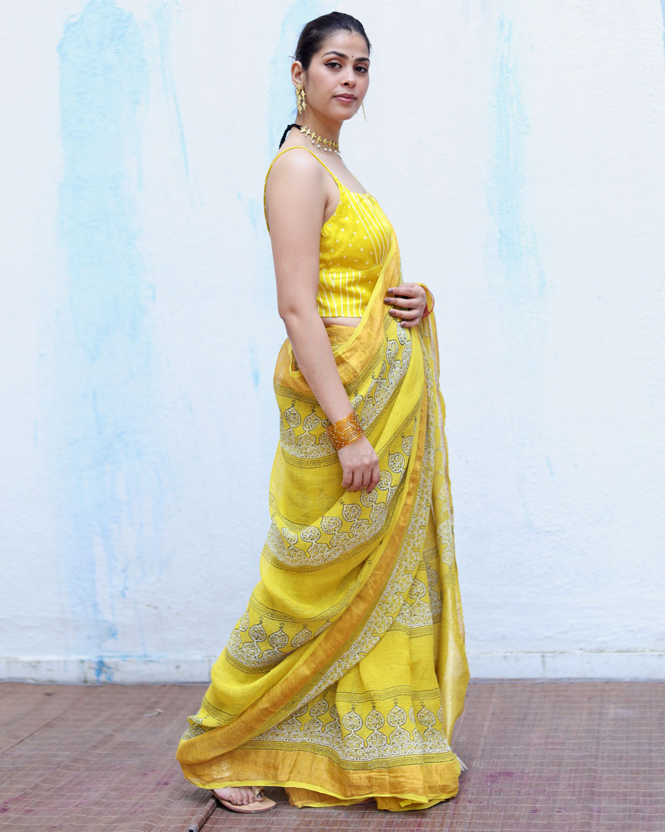 Ziya Yellow Handblock Print Linen Saree - RSH
