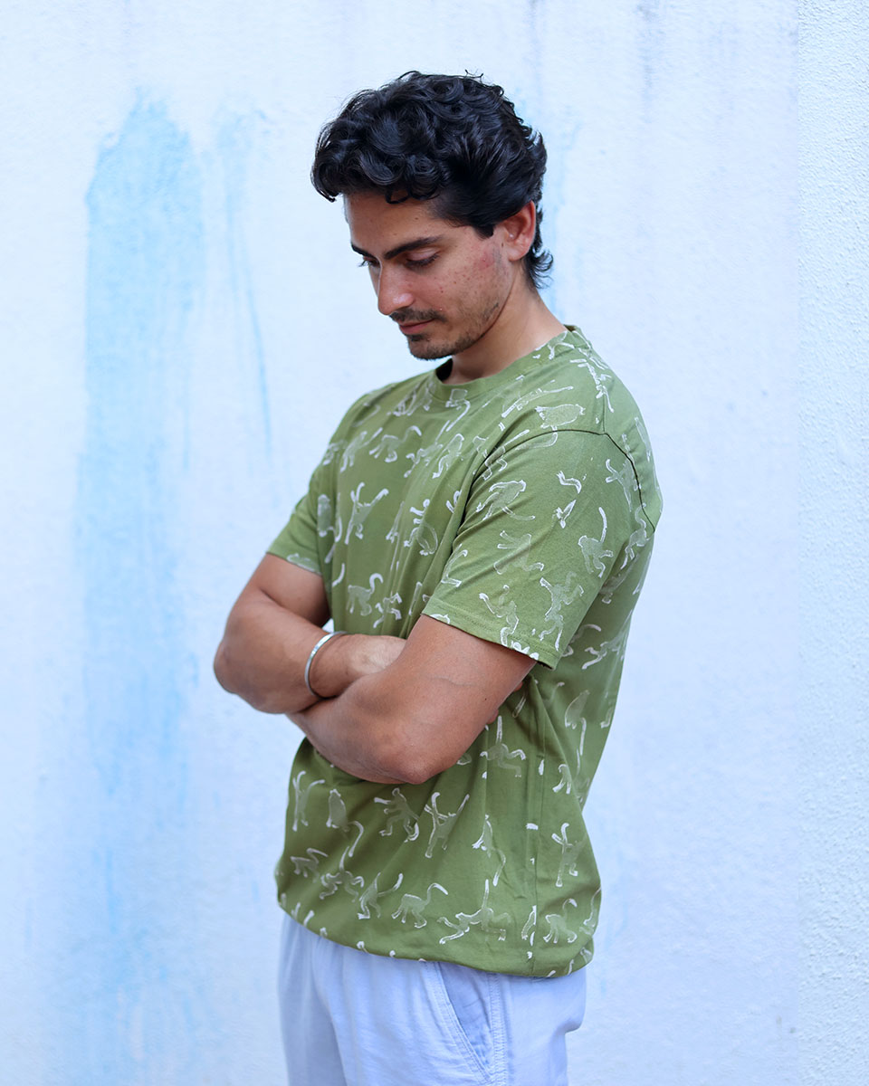 Ranjha Olive Green White Hand Block Print Cotton T- Shirt - TOF