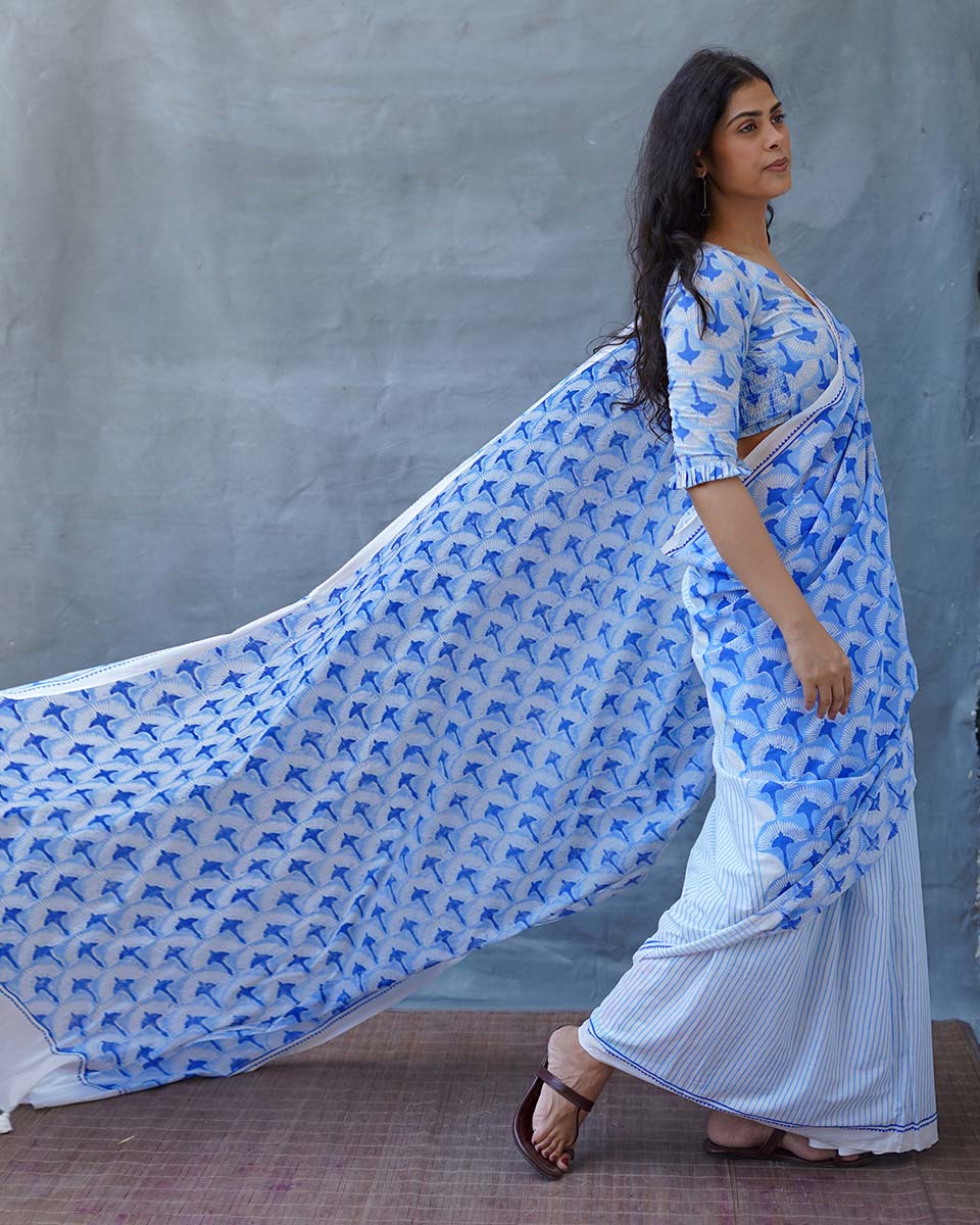 Maya Blue Hand Block Printed Saree-BAD