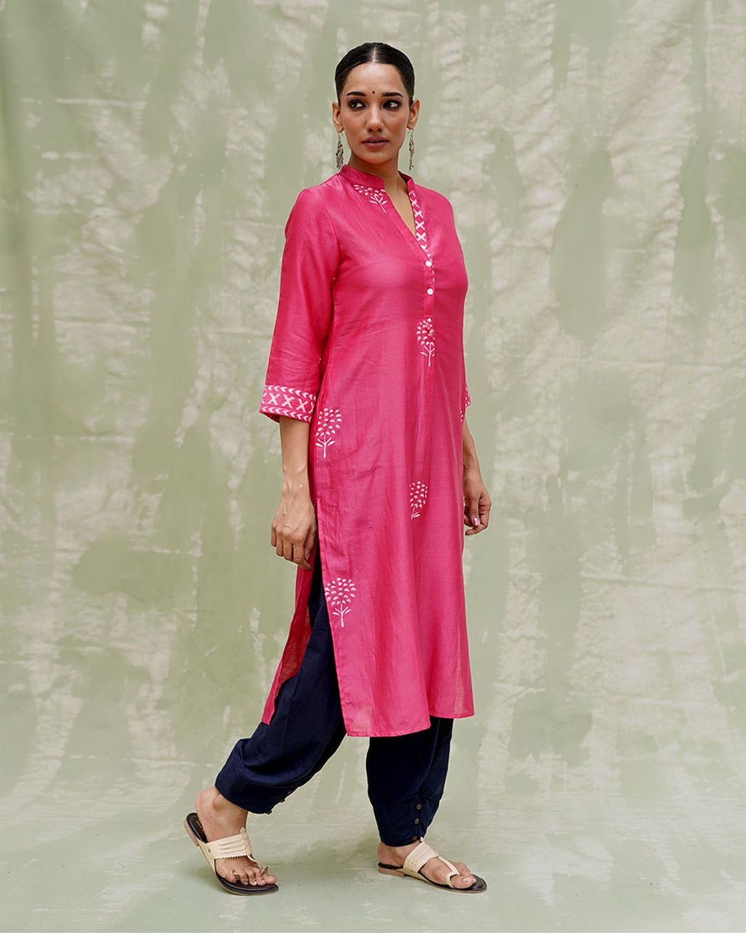 Rang Reet Pink Handblock Printed Chanderi Silk Kurti - CHD