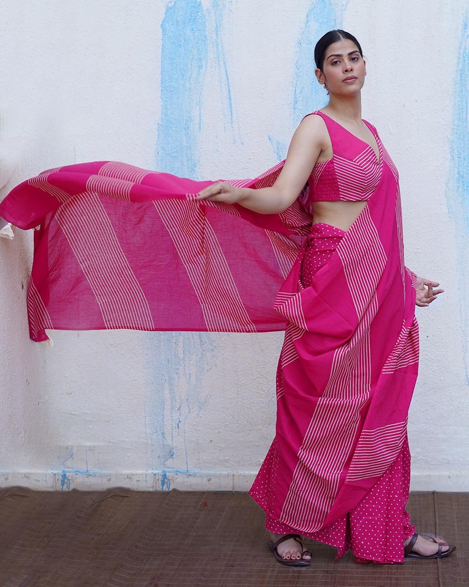 Koyal Pink Handblock Print Cotton Saree - BFG