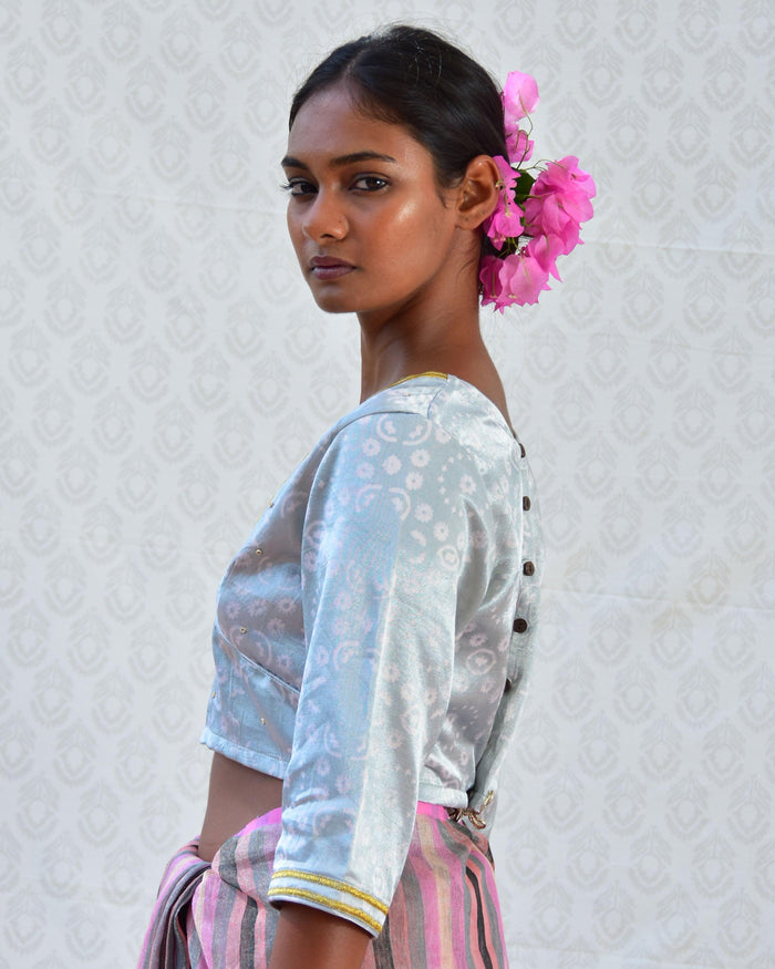 Blue - Plain Mashru Silk Blouse Piece 31