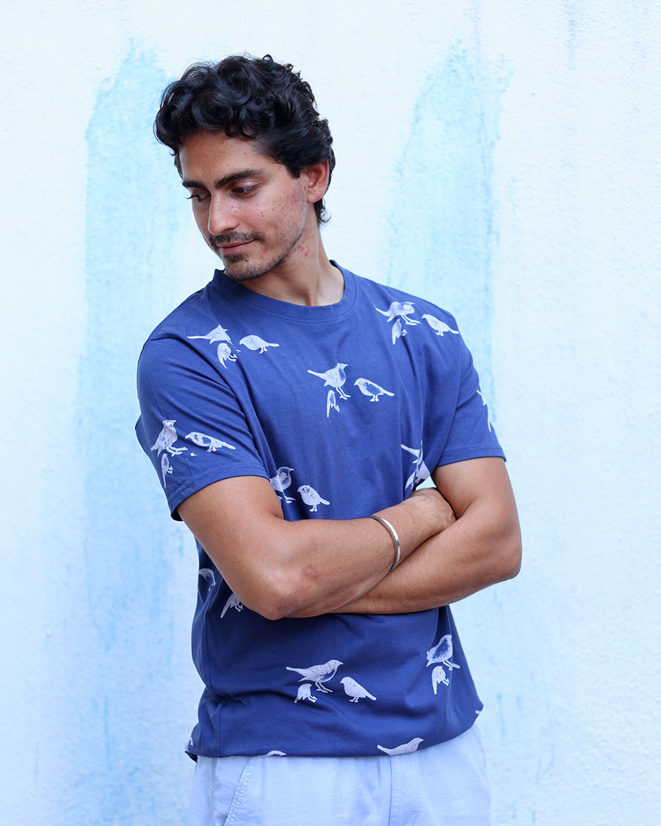 Meghdoot Blue Hand Block Print Cotton T- Shirt -TOF