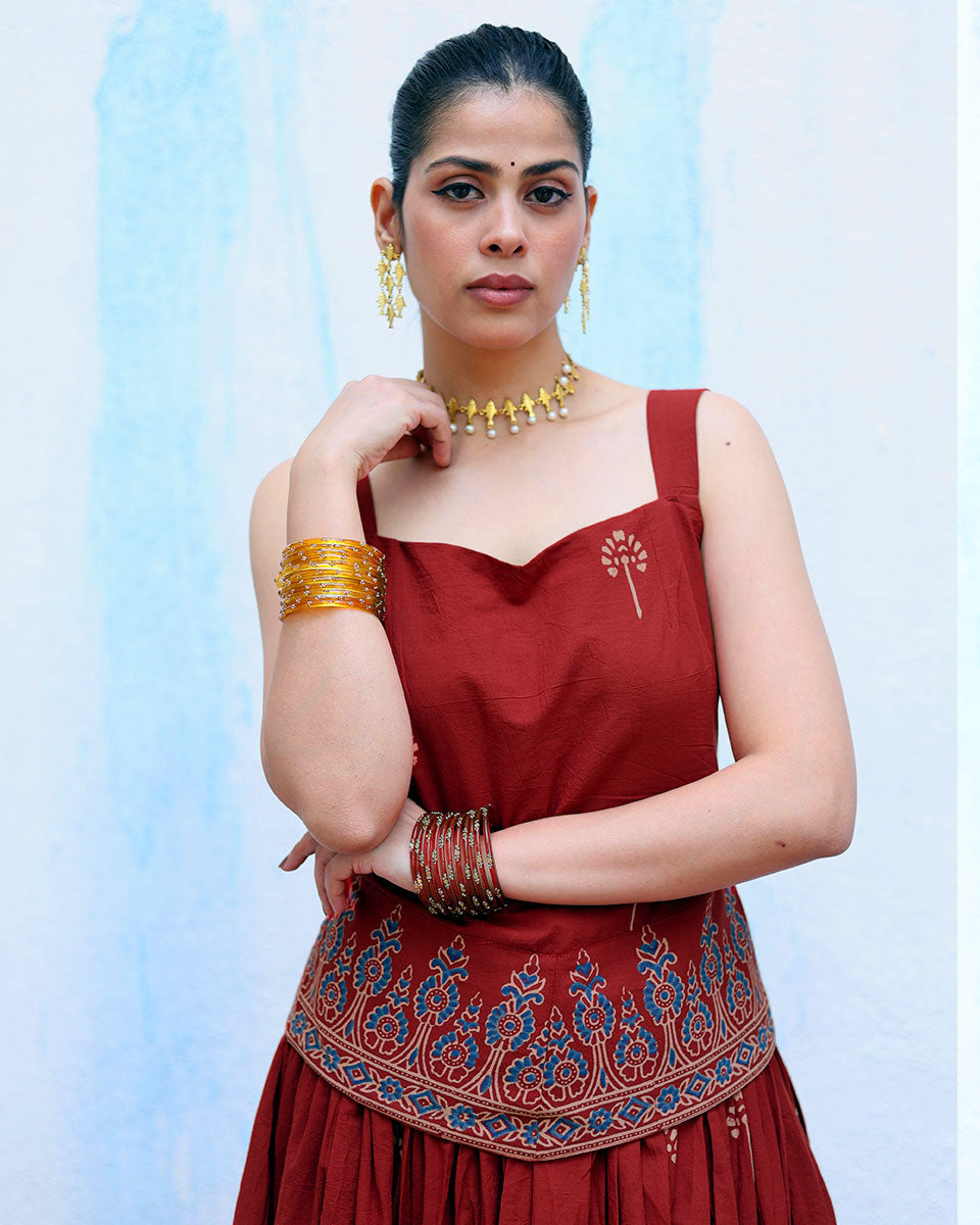 Mahtaab Red Handblock Print Cotton Top - RSH