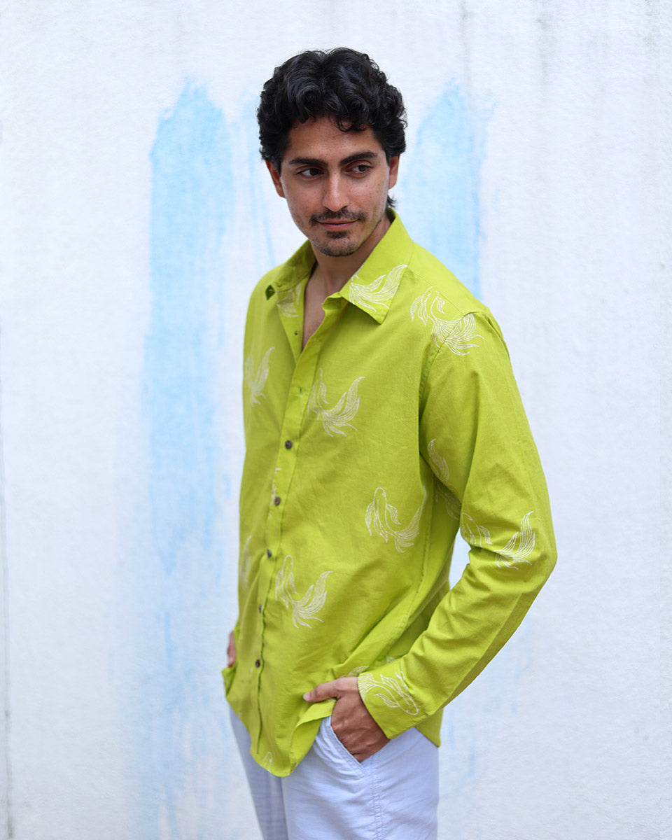Chirag Lime Green  Hand Block Print Cotton Shirt -TOF