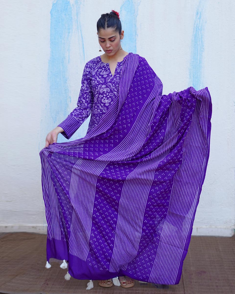 Leher Purple Handblock Print Cotton Dupatta - BFG