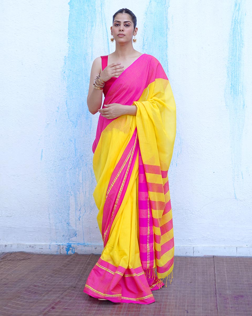 Athena Yellow With Pink Handwoven Cotton Saree - NTC