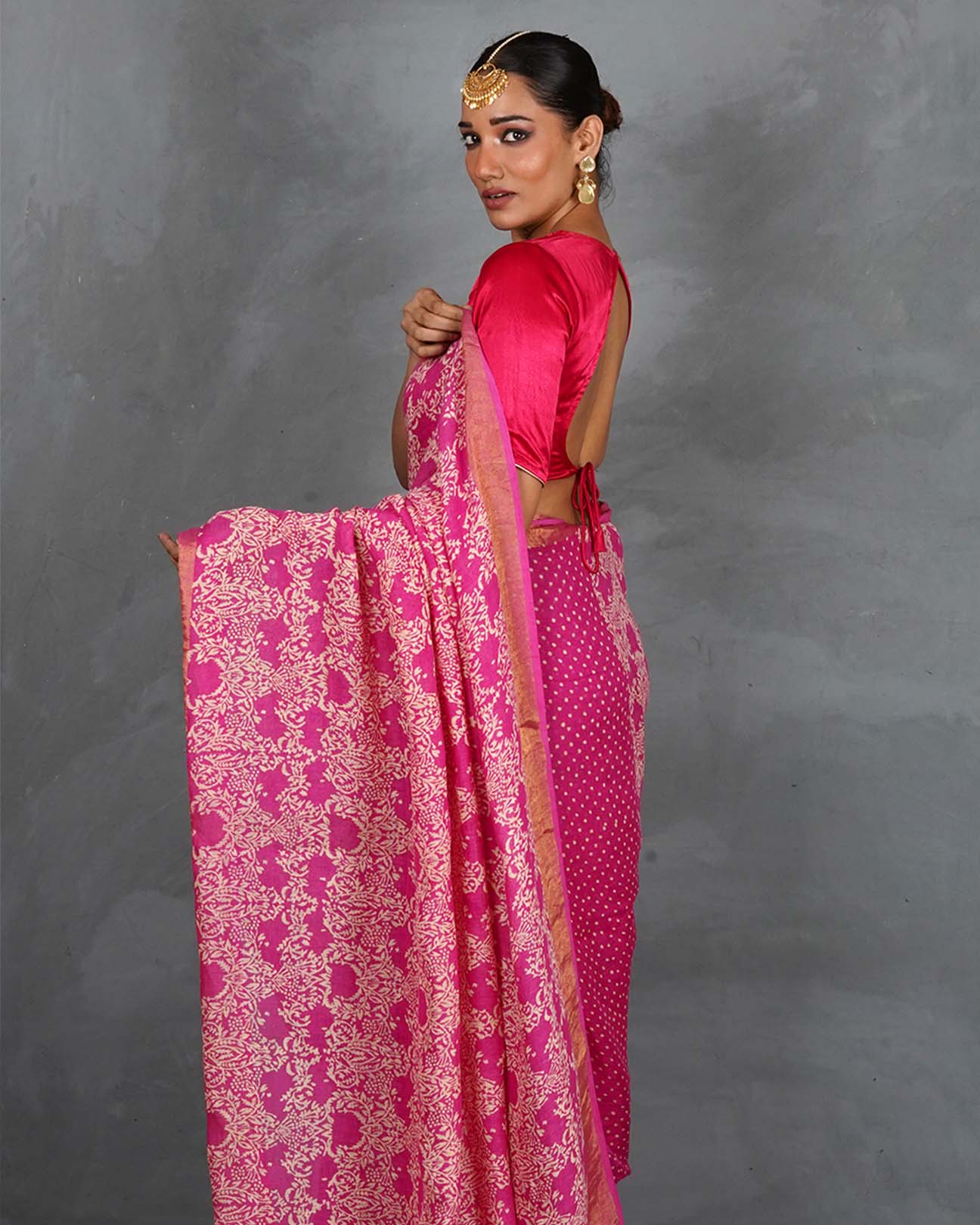 Fiza Pink Handblock Linen Saree - TARA