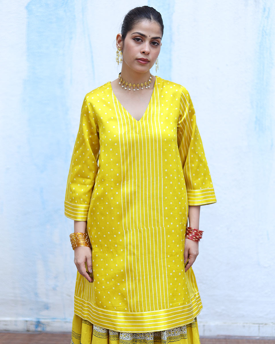 Jhilmil Yellow Handblock Print Mashru Silk Kurta - RSH
