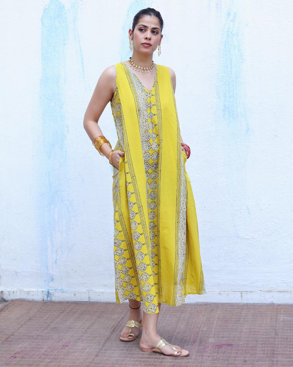 Roushan Yellow Handblock Print Cotton Dress - RSH