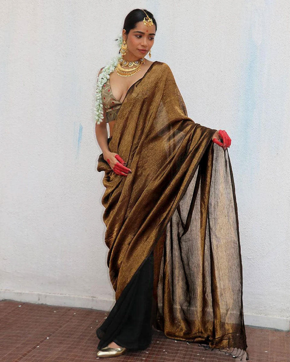 Mrinal Brown Handwoven Linen Zari Saree