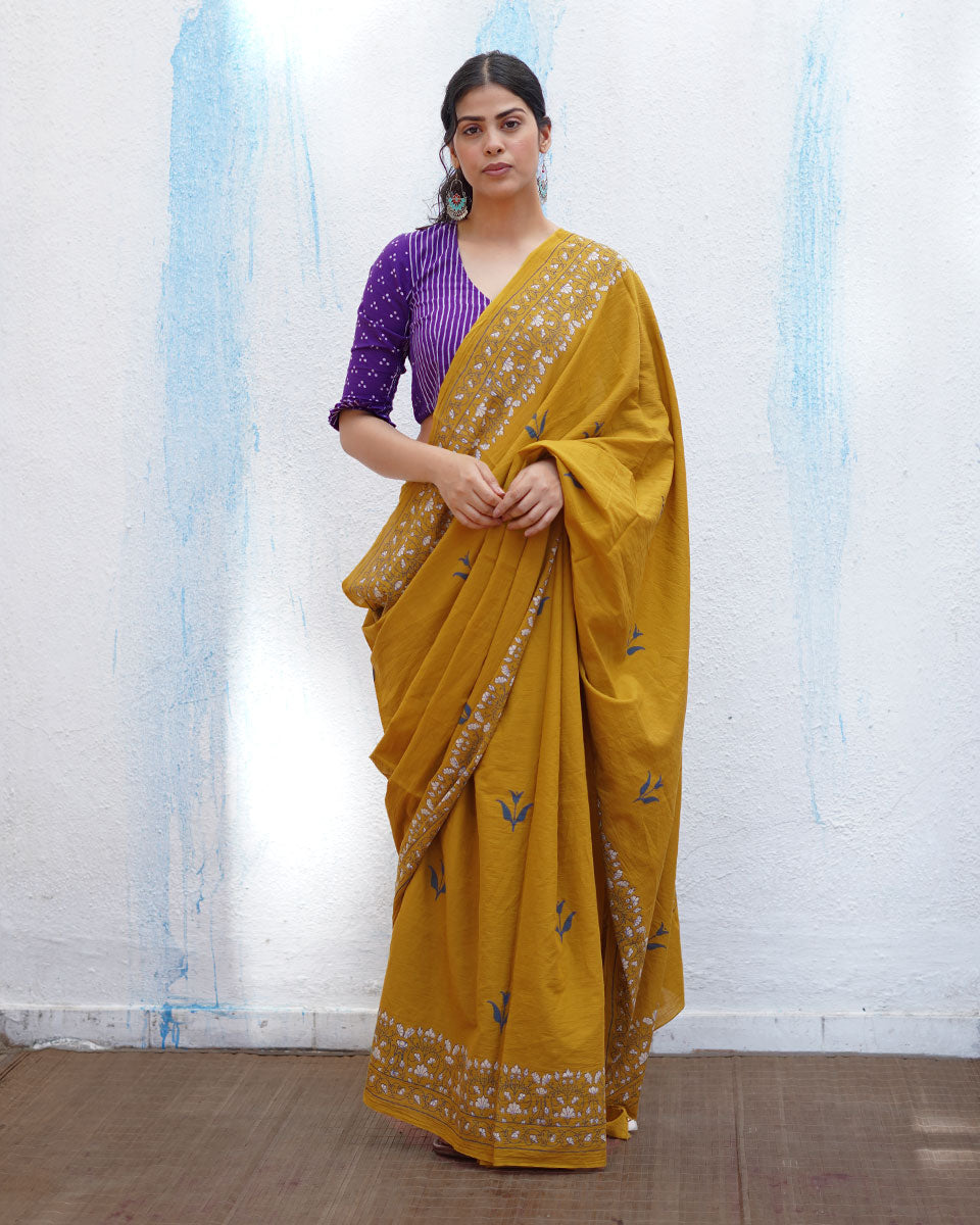 Manchali Mustard Yellow Handblock Print Cotton Saree - BFG