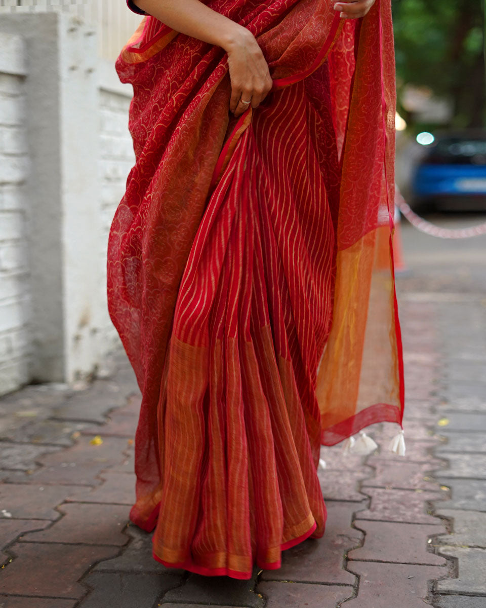 Ananya Red Handblock Printed Linen Saree - Anant