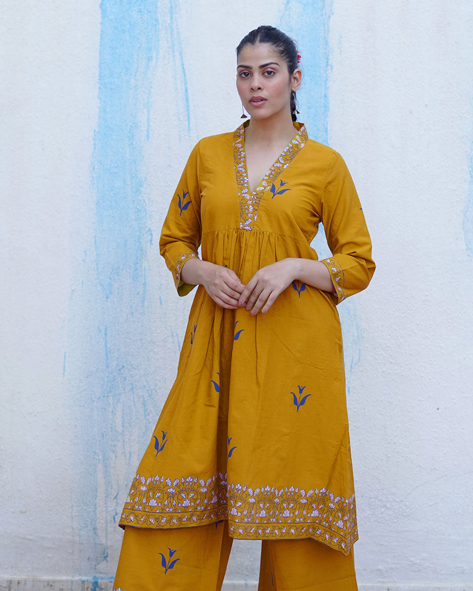 Rangeeli Mustard Yellow Handblock Print Cotton Kurta Set - BFG