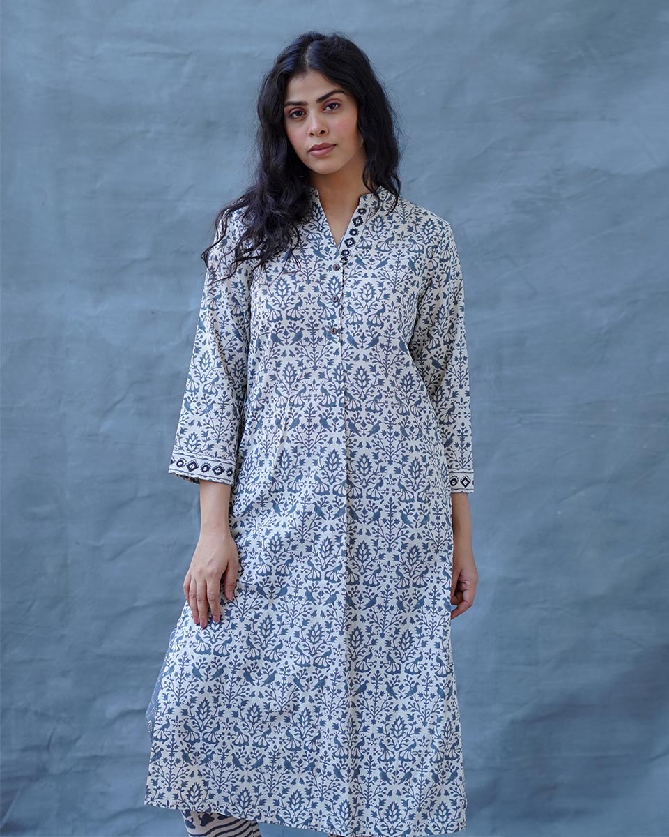 Monsoon Sea Grey Block Printed Cotton Kurti - BMS