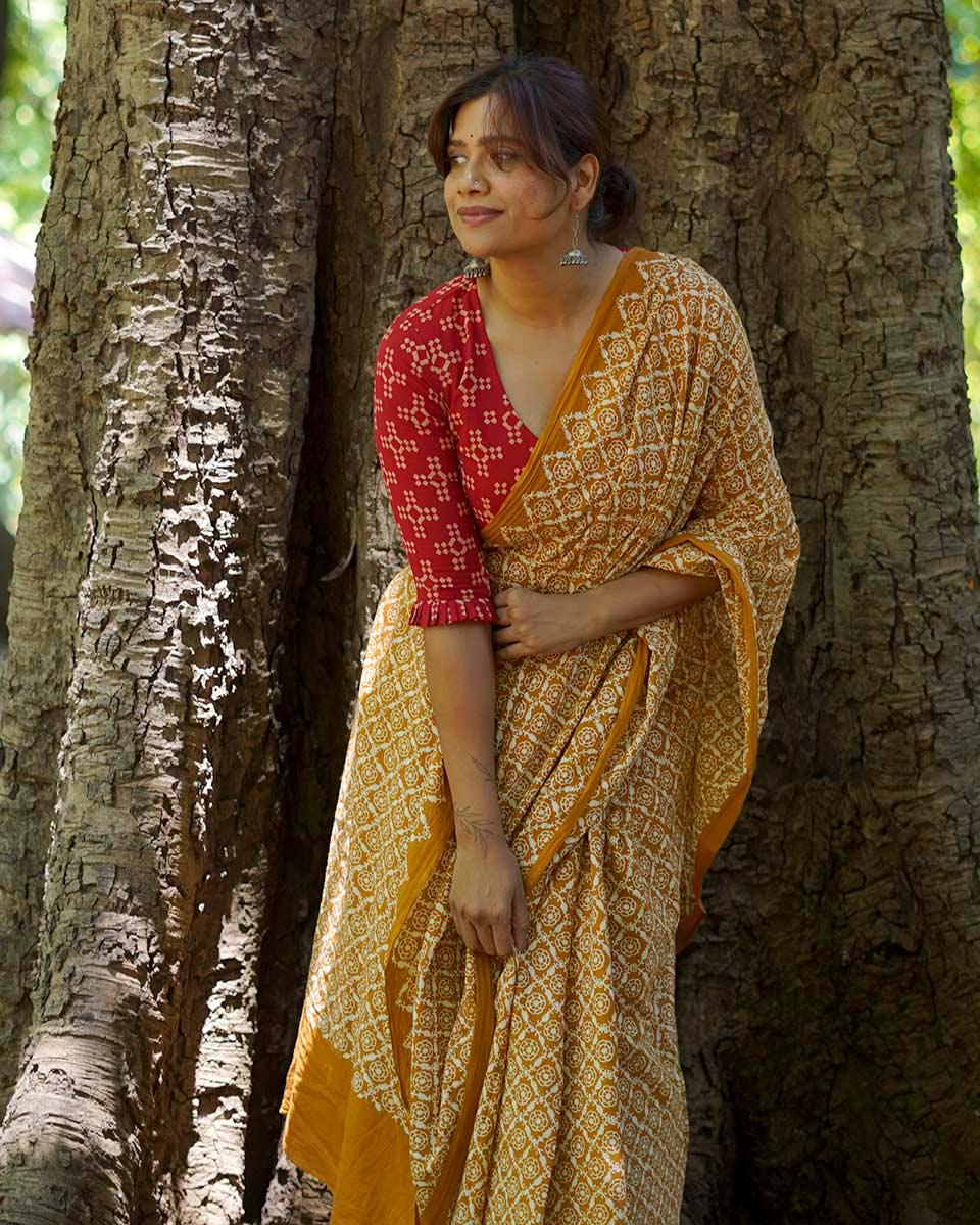 Under Open Skies Mustard Hand Block Printed Cotton Saree - UMT