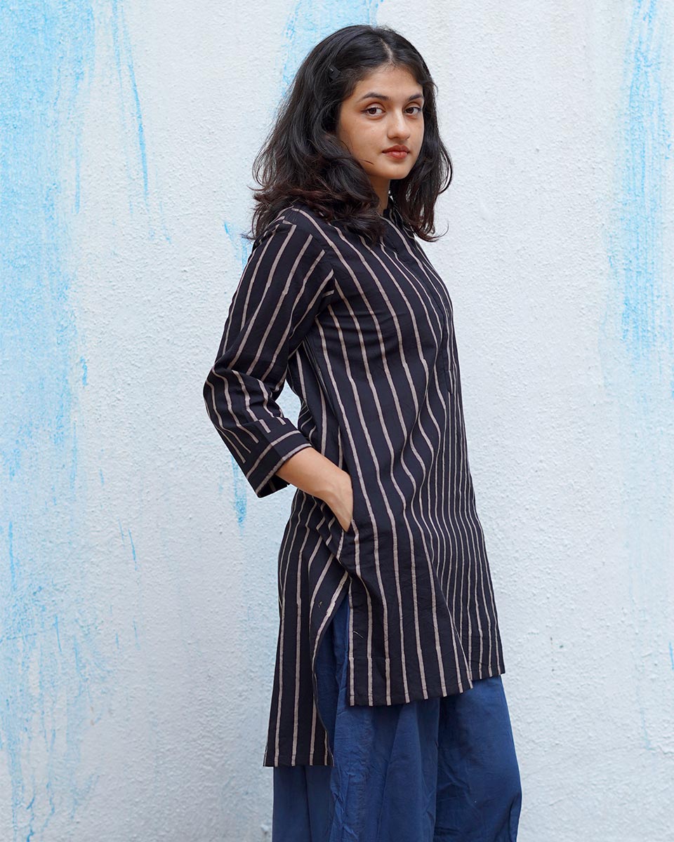 Flower Moon Black Handblock Print Cotton Kurta - MNCH