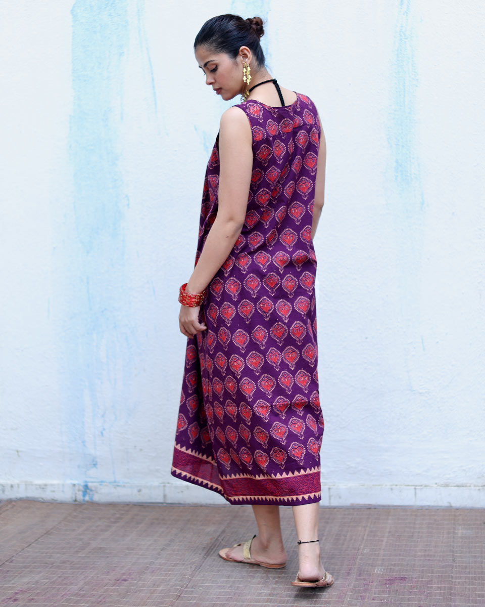 Jugnu Purple Handblock Print Cotton Dress - RSH