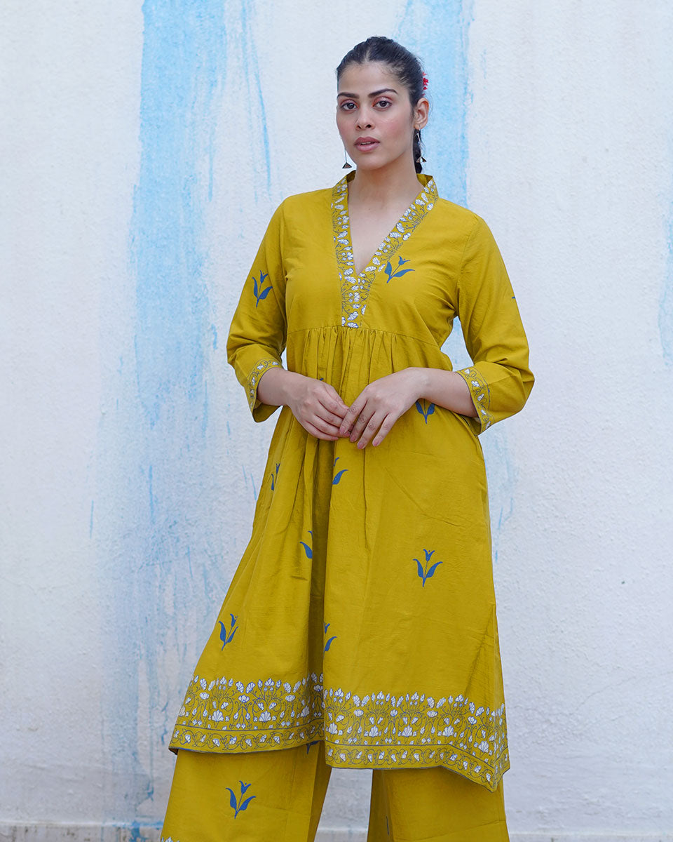 Rangeeli Mustard Yellow Handblock Print Cotton Kurta Set - BFG