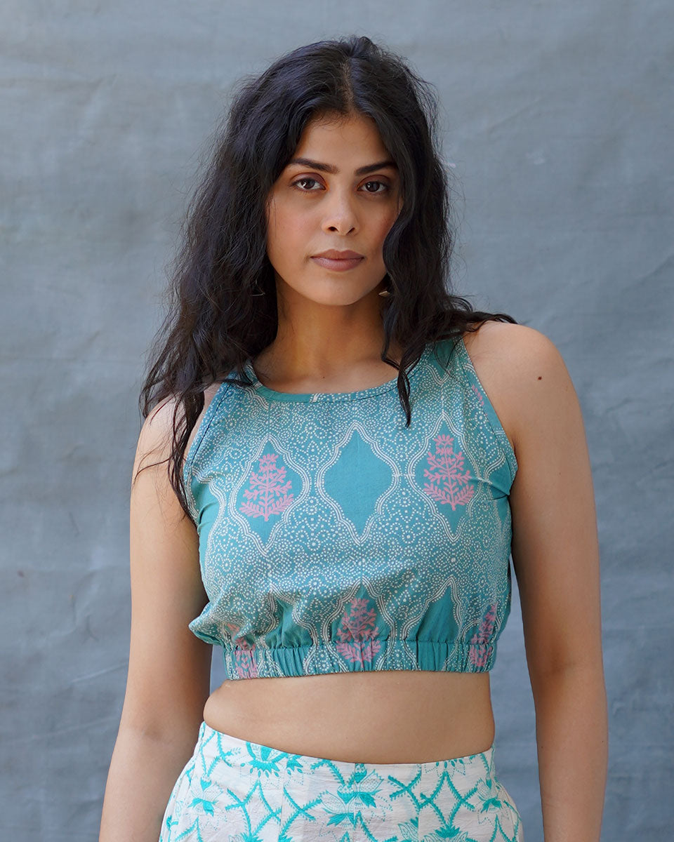 Dewy Daffodils Teal Green Block Printed Blouse - MMG
