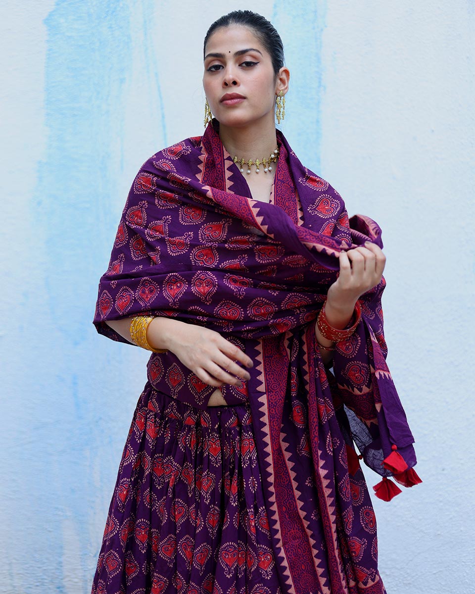 Chandrani Purple Handblock Print Cotton Dupatta - RSH