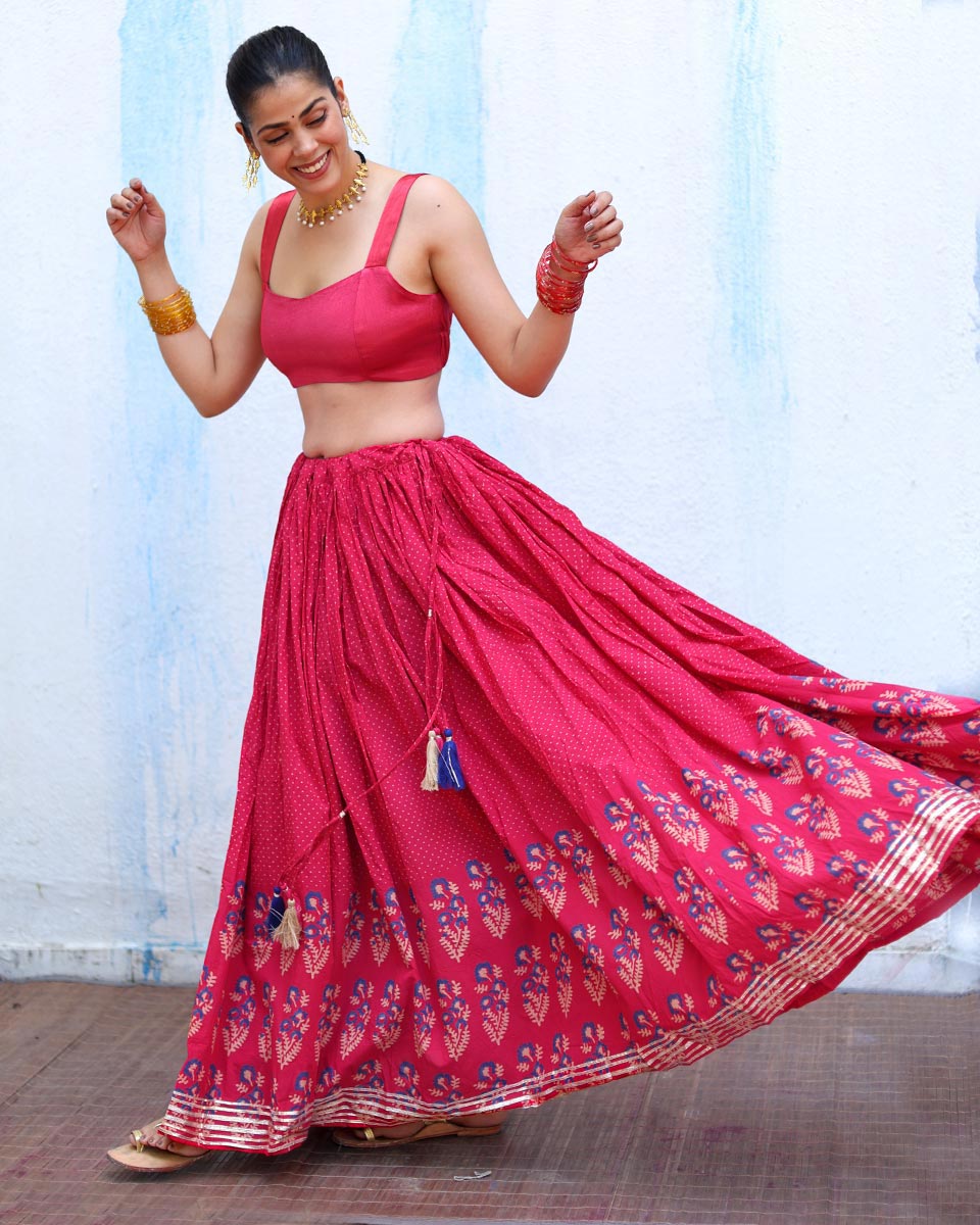 Chamak Pink Handblock Print Cotton Ghagra - RSH