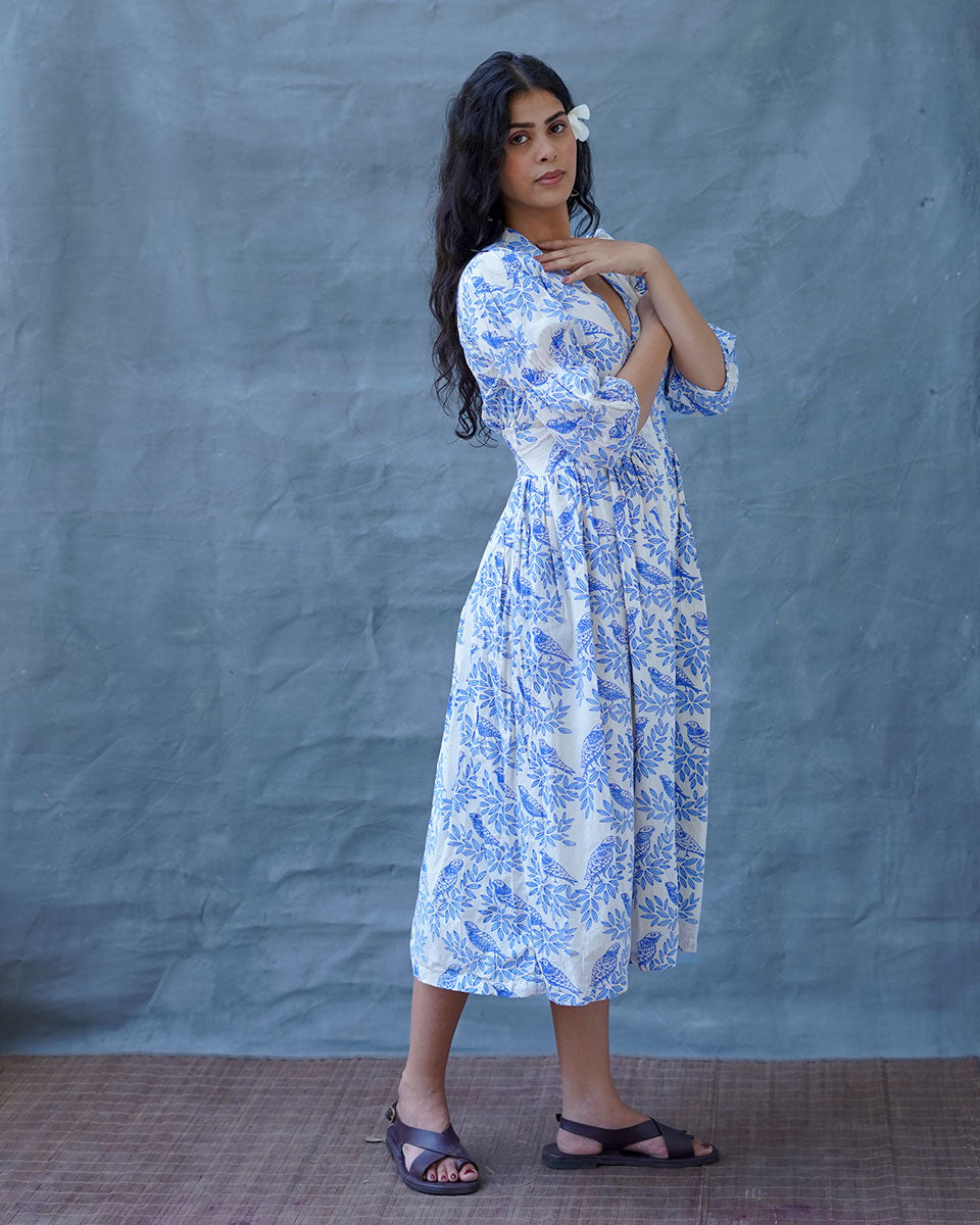 Neyra Ivory Blue Hand Block Printed Dress-BAD
