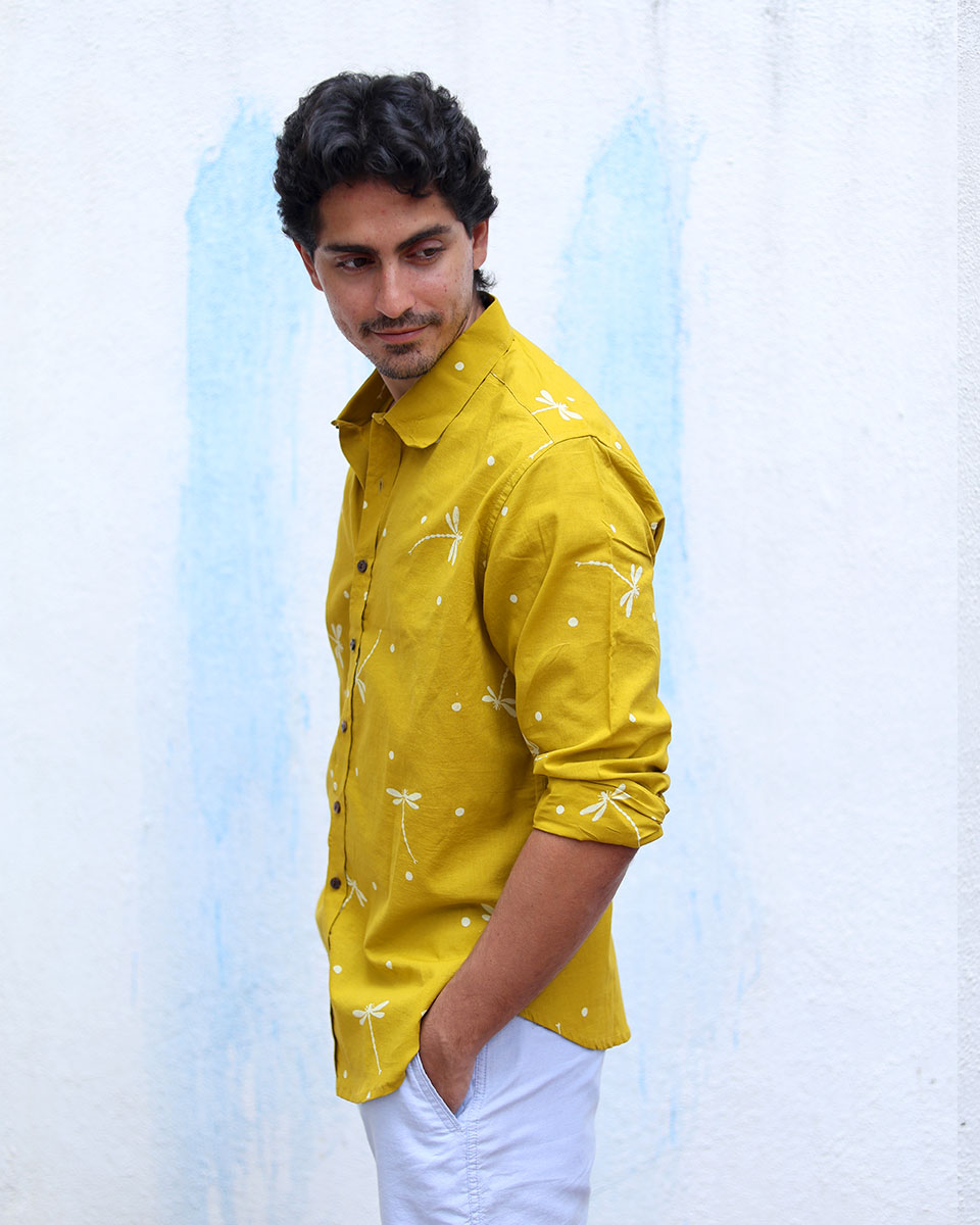 Barsaat Mustard Yellow  Hand Block Print Cotton T- Shirt - TOF