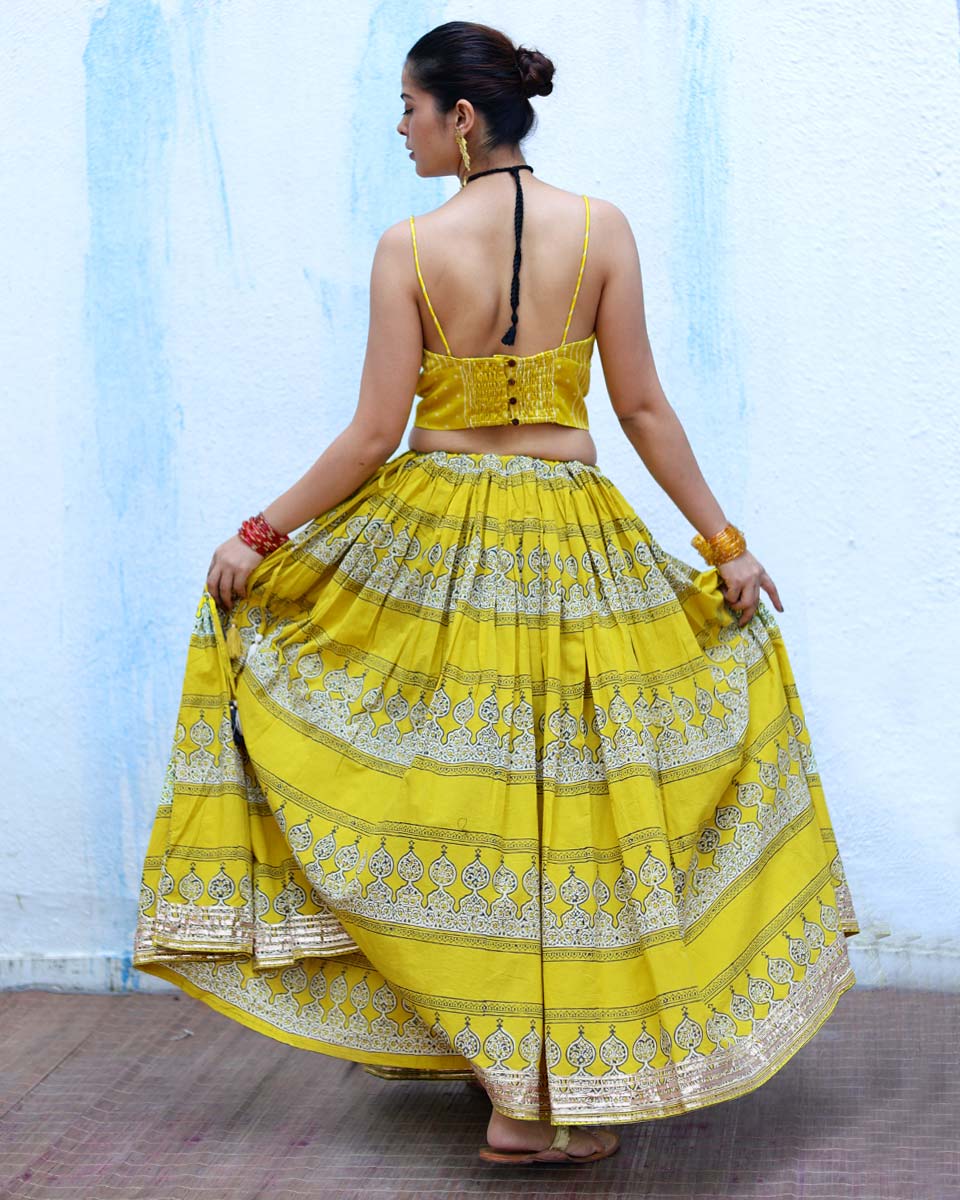 Ushashi Yellow Handblock Print Cotton Ghagra - RSH