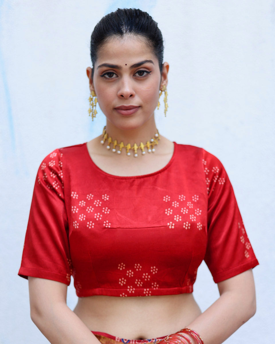 Aalo Red Handblock Print Mashru Silk Blouse - RSH