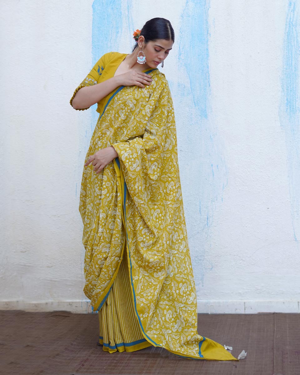 Pakhi Yellow Handblock Print Cotton Saree - BFG