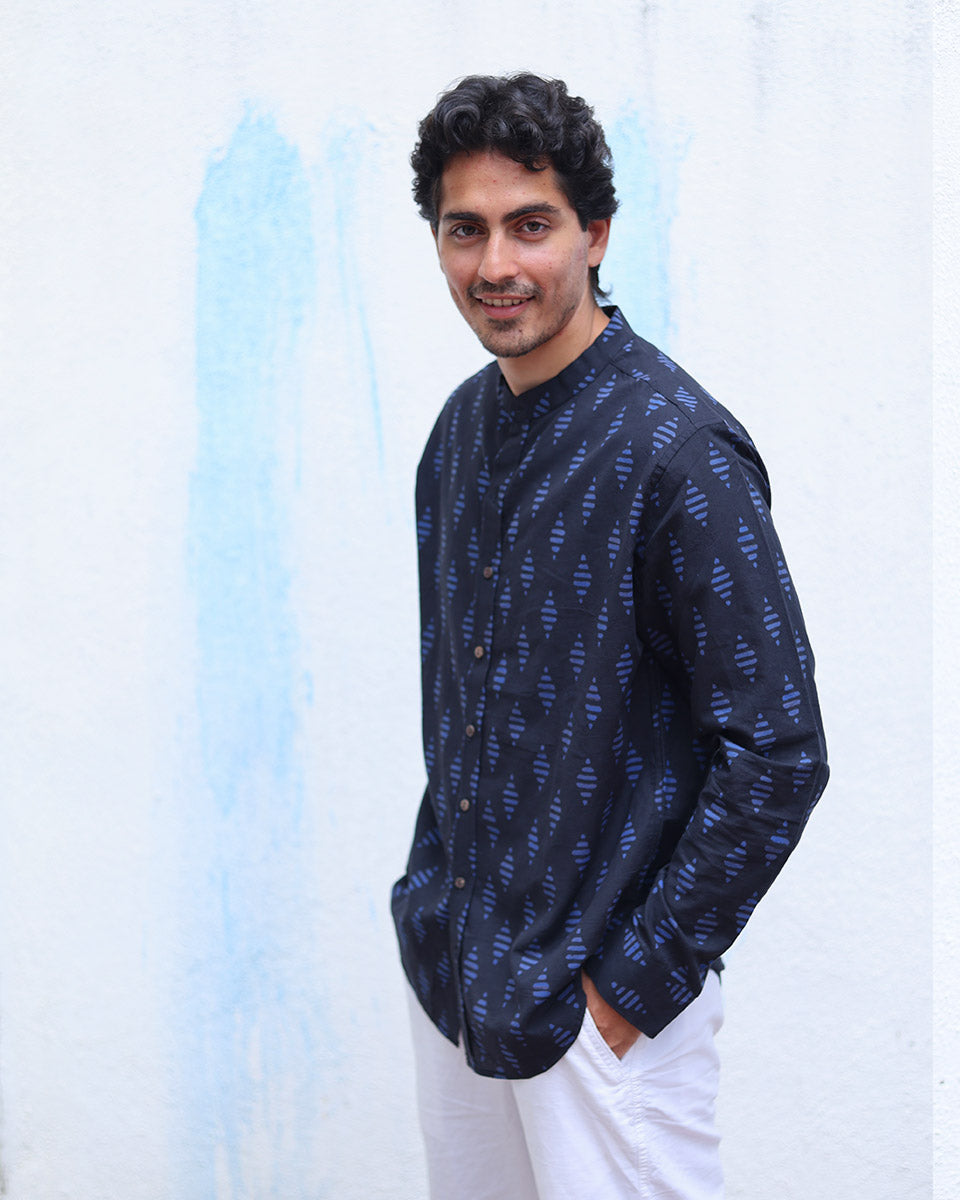 Khwab Blue  Hand Block Print Cotton Shirt - TOF