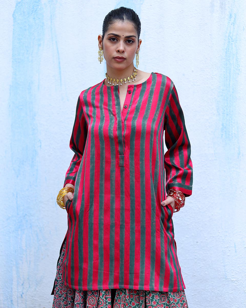 Kaumudi Red Handblock Print Mashru Silk Kurta - RSH