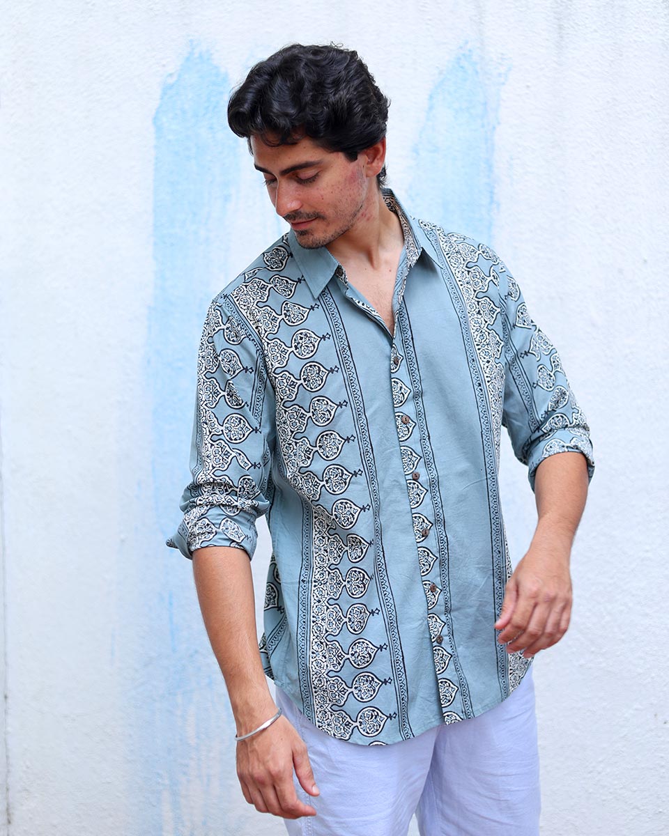 Mehrun Blue With Grey Hand Block Print Cotton Shirt - TOF