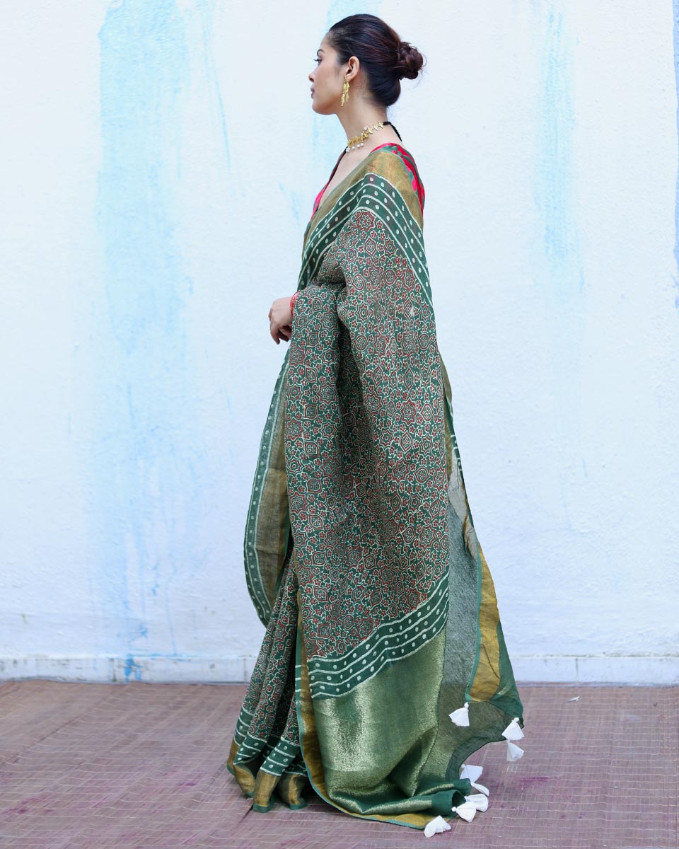 Deepti Green Handblock Print Linen Saree - RSH