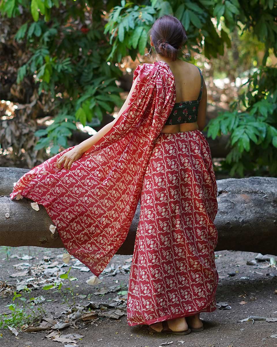 Summer At Nani’s Rust Red Hand Block Printed Cotton Saree - UMT