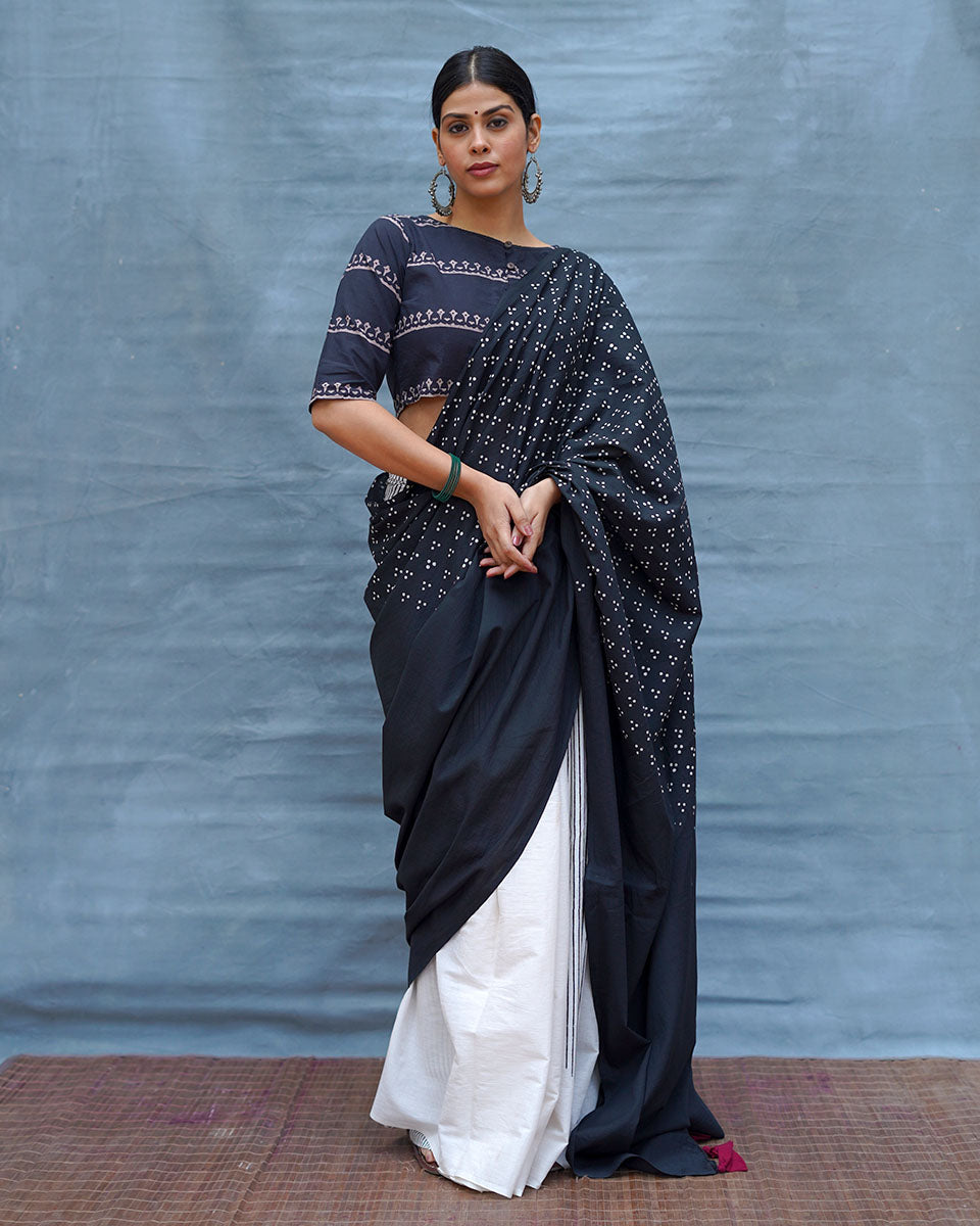 Monochrome Magic Black & White Handblock Print Cotton Saree - M&M