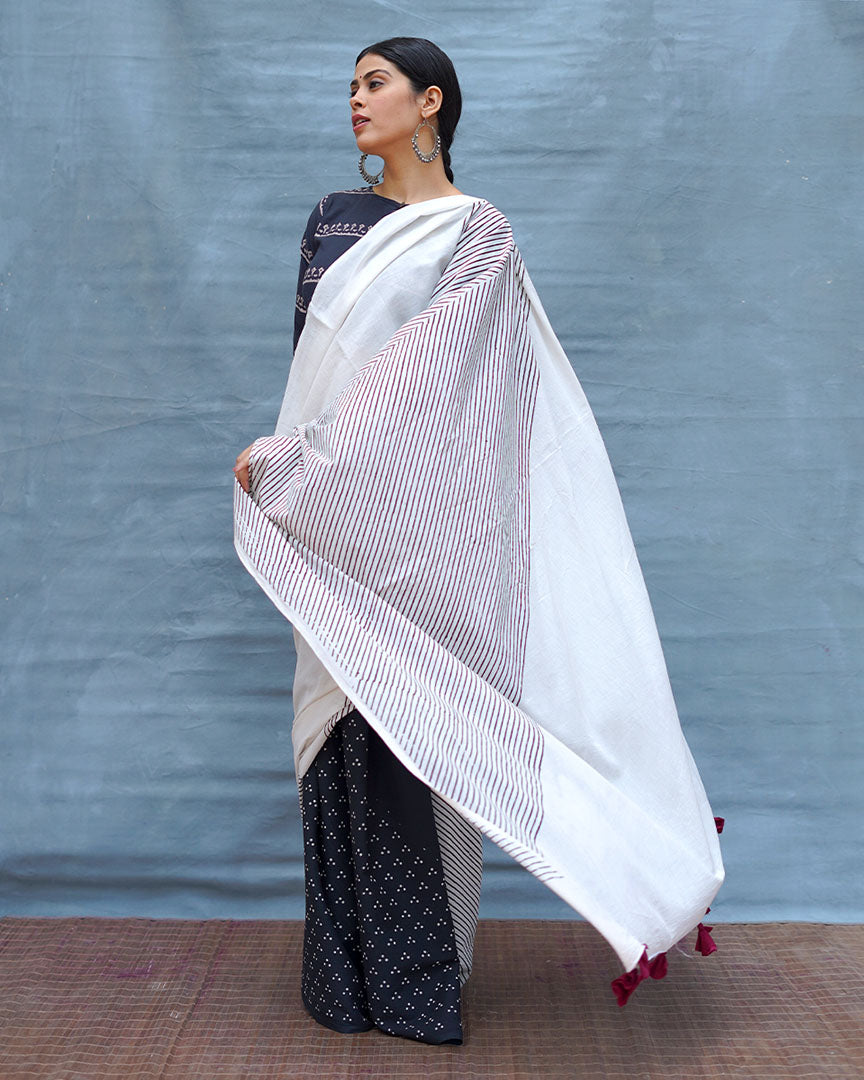 B&W Muse Black & White Handblock Print Cotton Saree - MIS