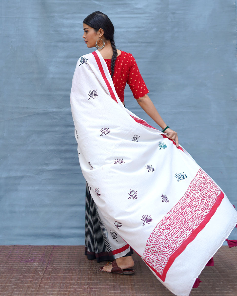 Moon & Mist Black & White Handblock Print Cotton Saree - M&M