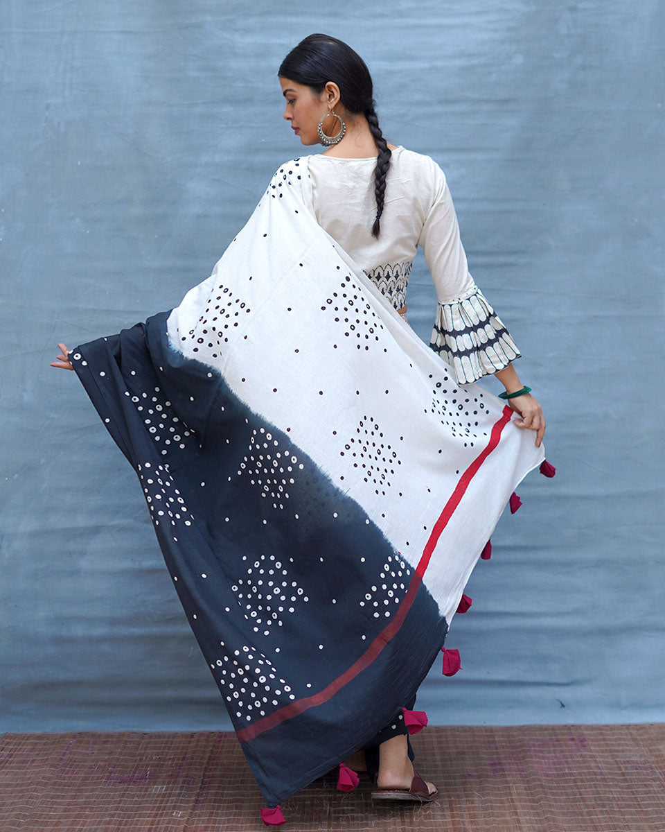 Colourblind Black & White Handblock Print Cotton Saree - M&M