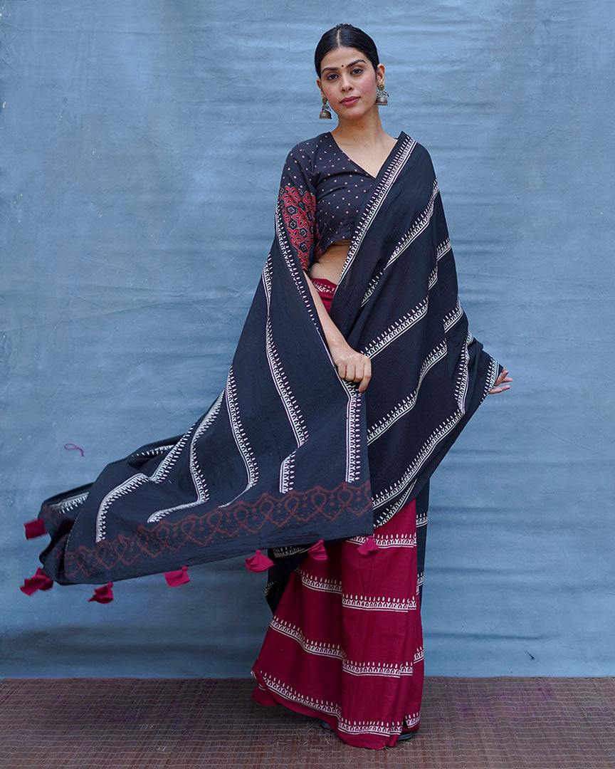 Mrinal Black With Maroon Handblock Printed Cotton Saree - Soil