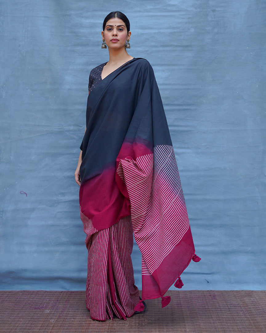 Bimala Black With Maroon Handblock Printed Cotton Saree - Soil