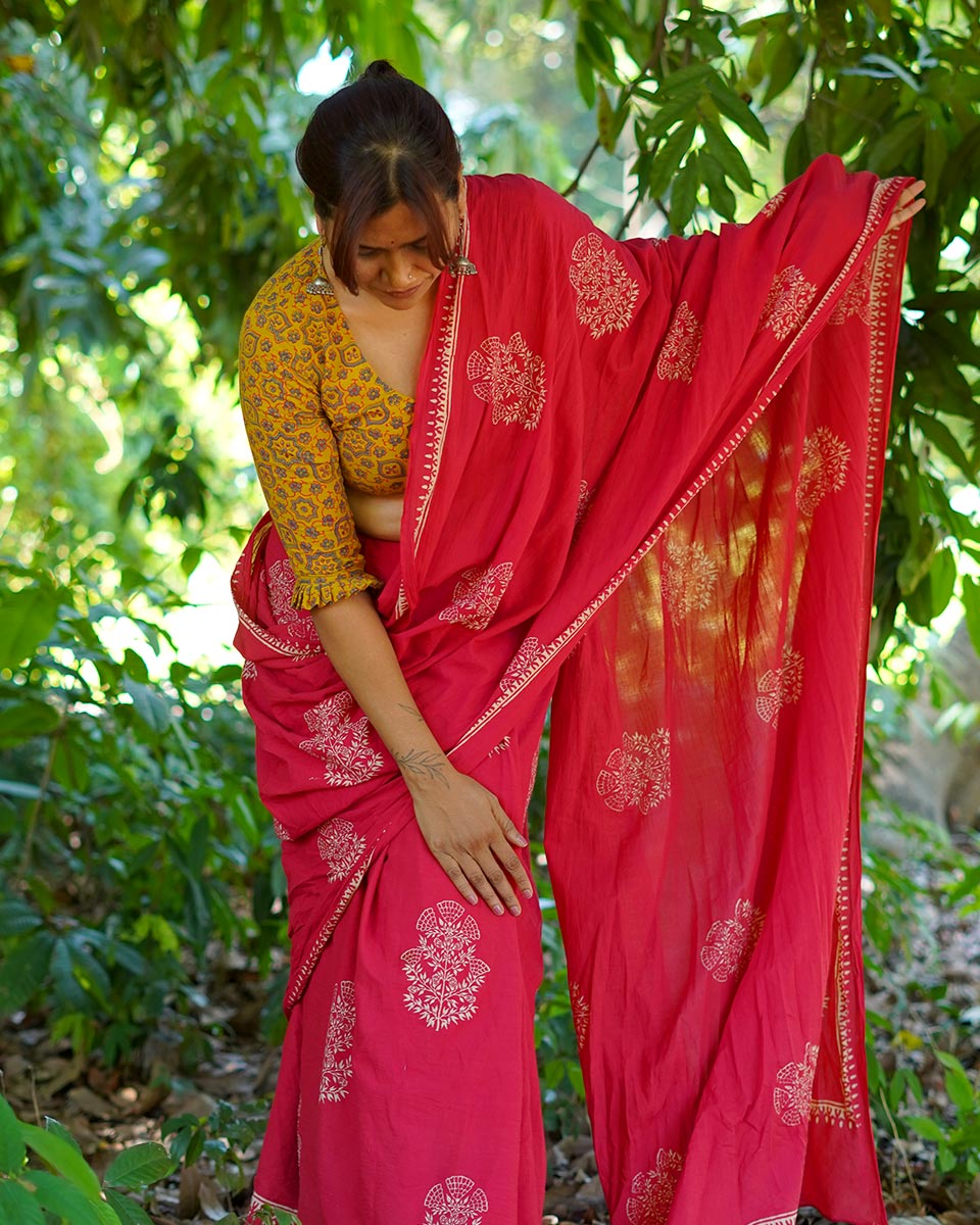 Walking Barefoot Red Hand Block Printed Cotton Saree - UMT