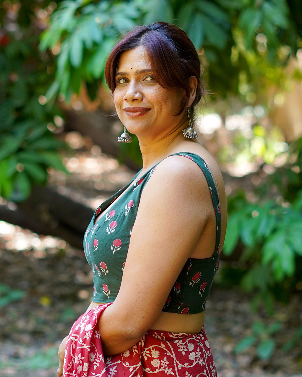 Watching kites fly Green Hand Block Printed Cotton Blouse - UMT