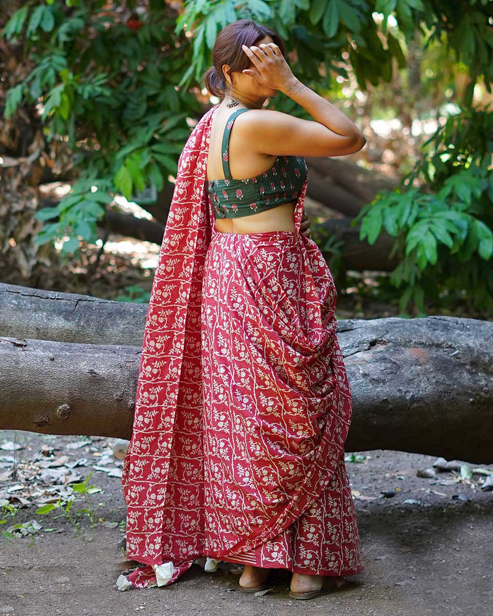 Summer At Nani’s Rust Red Hand Block Printed Cotton Saree - UMT