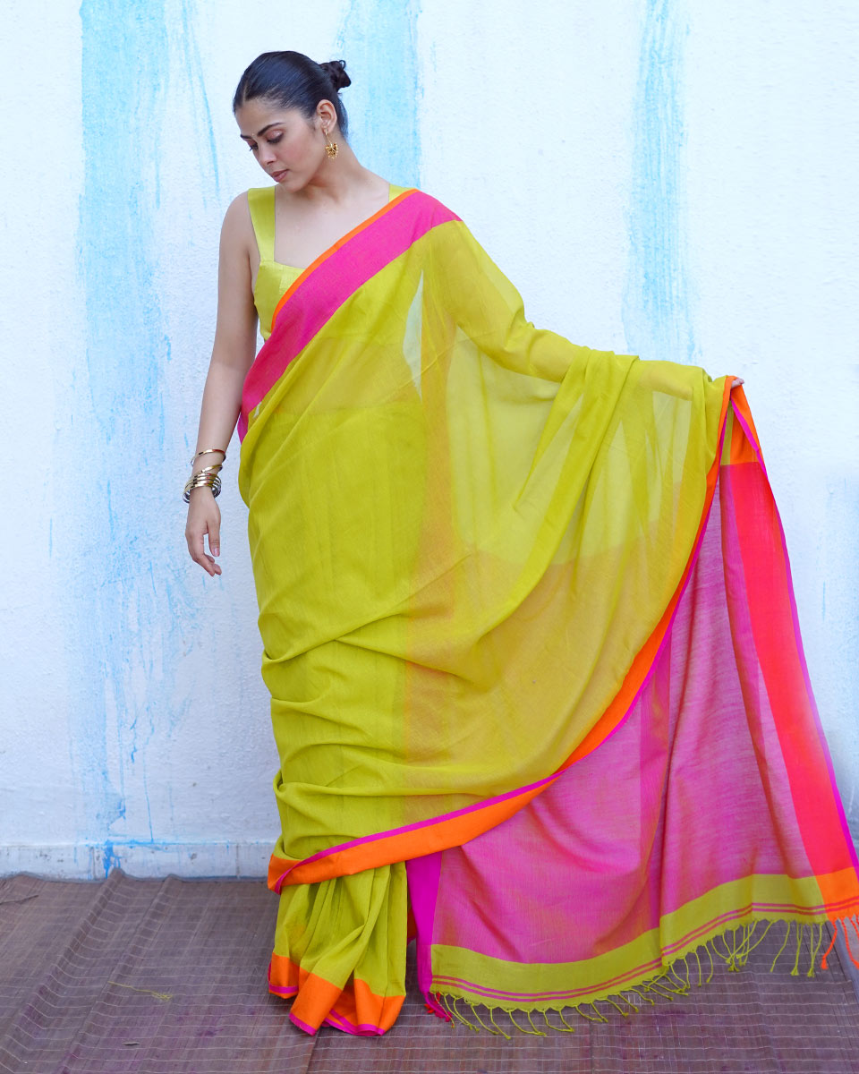 Selene Lime Green Handwoven Cotton Saree - NTC