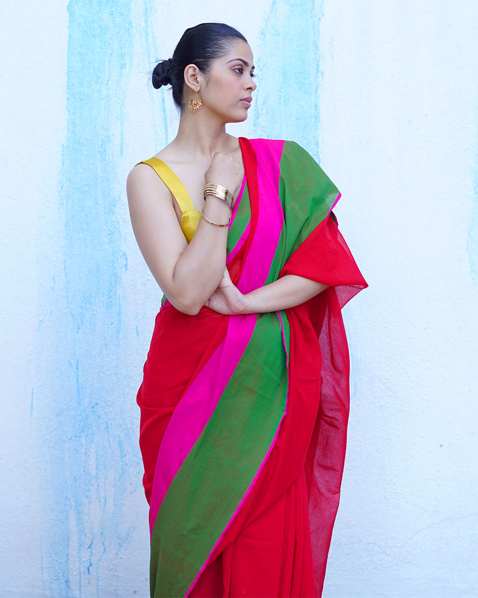 Eos Red With Green Handwoven Cotton Saree - NTC